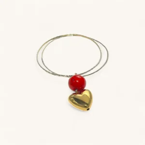 Red Bead & Heart Charm Bangle | Gold Plated. Silver Plated. Agate Stone.