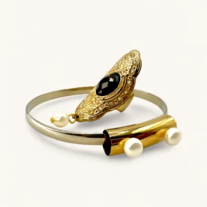 Black Stone Filigree Ring Bracelet Set | Gold Plated. Silver. Pearl. Zircon.