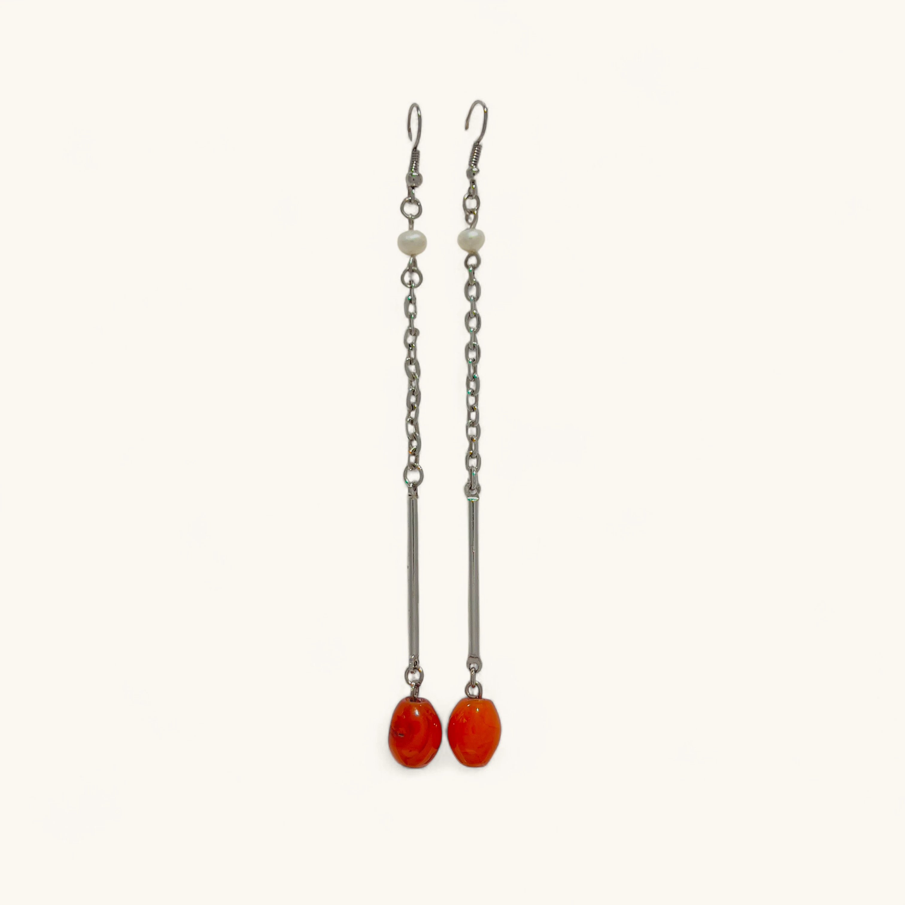 Silver Chain Earrings with Red Beads
