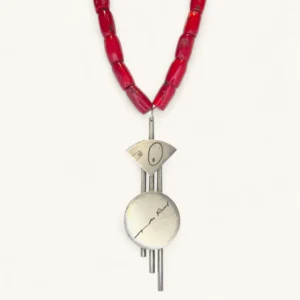 Red Accent Geometric Drop Necklace | Signed. Silver. Agate Stone.