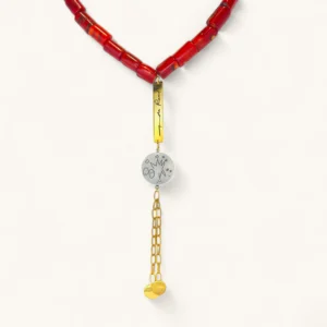 Red Coral Medallion Tassel Necklace | Signed. Gold Plated. Silver. Agate Stone.