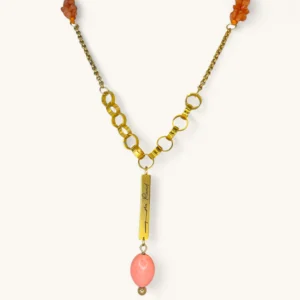 Coral Bead Drop Pendant Necklace | Signed. Gold Plated. Agate Stone.