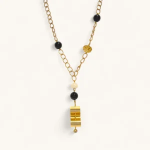 Black & Gold Cylinder Pendant Necklace | Gold Plated. Pearl. Onyx.